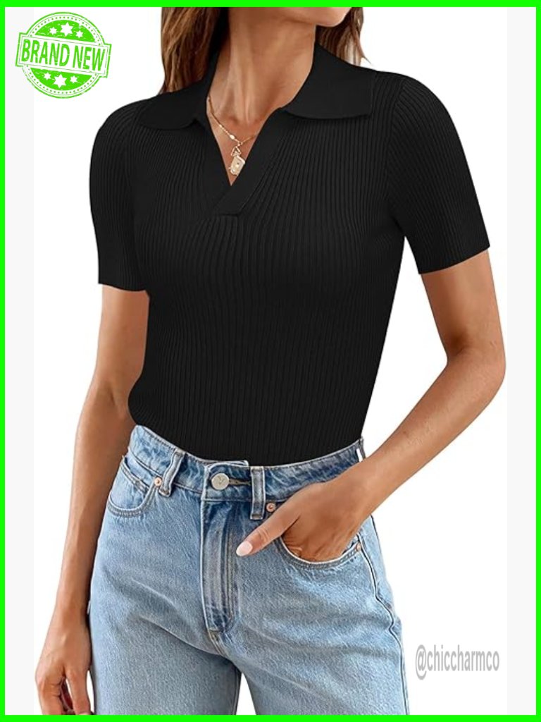 Lightweight V-Neck Short Sleeve Sweater Slim Fit Knit Top